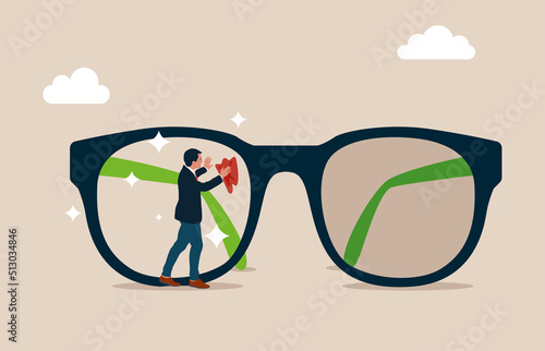 Manager cleaning huge eyeglass lenses for owner to get clear vision. Clear business vision, see through lenses in details or clean and clear business outlook.