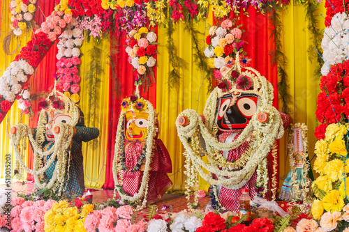 Idol of God Jagannath, Balaram and Suvodra is being worshipped. Ratha jatra festival at Howrah, West Bengal, India.