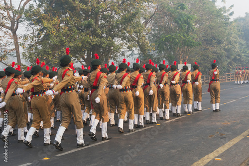 RED ROAD, KOLKATA, WEST BENGAL / INDIA - 21ST JANUARY 2018 : India's National Cadet Corps's (NCC) lady cadets are marching past, preparing for India's republic day celebarion on 26.01.2018. photo