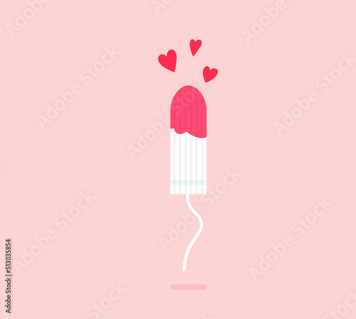 Feminine white tampon with spot of blood. Menstruation days. Girl hygiene product. Vector illustration in trendy flat style isolated on pink background.