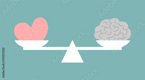 Heart and brain on scales. Balance of emotions and mind. Vector illustration in flat style
