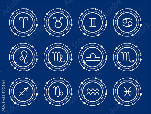 Vector set of white zodiac signs on a blue background