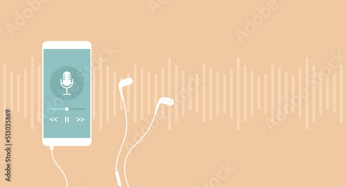 Mobile smartphone with podcast app on screen and earphones on peach background with sound waves and copy space. Flat vector illustration