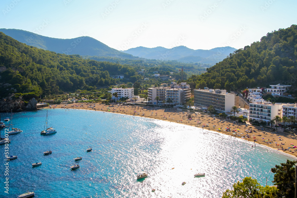 Aerial view of the resort area of Cala de Sant Vicent in the east of Ibiza in the Balearic islands