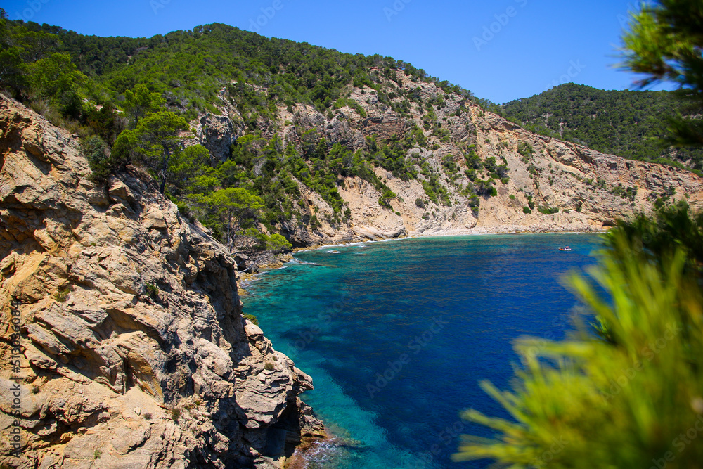 Cala Blanca, a tiny bay with turquoise waters in the southeast of Ibiza Island in the Mediterranean Sea - Pine covered cliffs overlooking the Mediterranean Sea near Cala Llonga