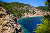 Cala Blanca, a tiny bay with turquoise waters in the southeast of Ibiza Island in the Mediterranean Sea - Pine covered cliffs overlooking the Mediterranean Sea near Cala Llonga