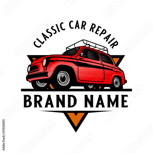vintage automotive logo design. classic car with wrench for car body repair and polishing.