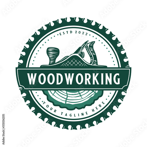 woodworking logo. wood planer, saw blade and wood beam, carpenter symbol, for carpentry or furniture