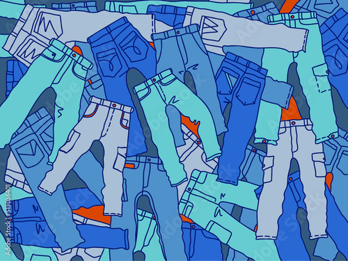 Denim pants background. Vector denim scetch outline illustration isolated for design, print. Stylish denim pants