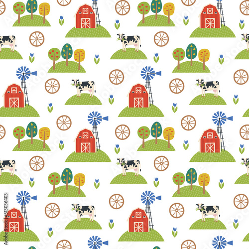 Seamless pattern with red barn, mill, cow and fruit trees. Farm contryside illustration. Design for fabrics, wrapping paper, scrapbooking or brand package.