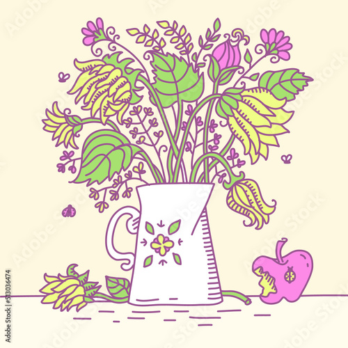 Sunfowers in vase stand on table. Vintage hand drawn scetch outline floral illustration card background for print. Romantic style of Sunflowers in vase