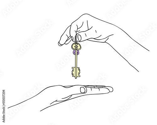 Sketch, hand give keys to house. Concept of real estate Sale, Buy, Offer, Buying house. Black and white doodle, hand drawn image. Editable contour. Vector