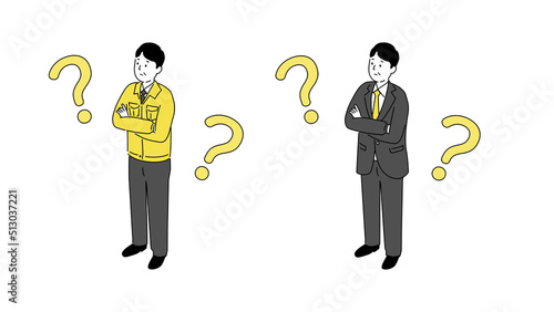 腕組みをして悩む作業着とスーツの中年男性のイラスト、アイソメトリック、ベクター