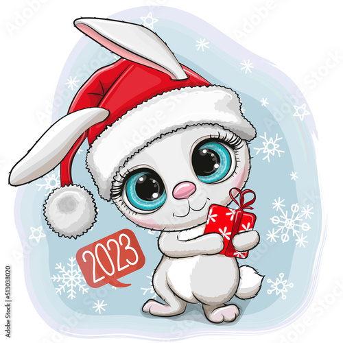 Cartoon White Rabbit in a Santa hat on a blue background