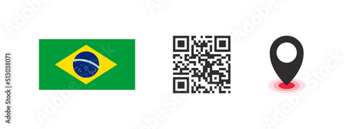 Brazil flag. Flag of the country, QR code with geolocation of the capital of the country. Vector images
