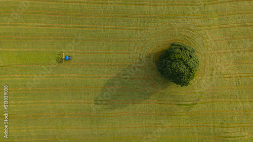A drone shot of a farmer turning grass to in the summer sun to make hay