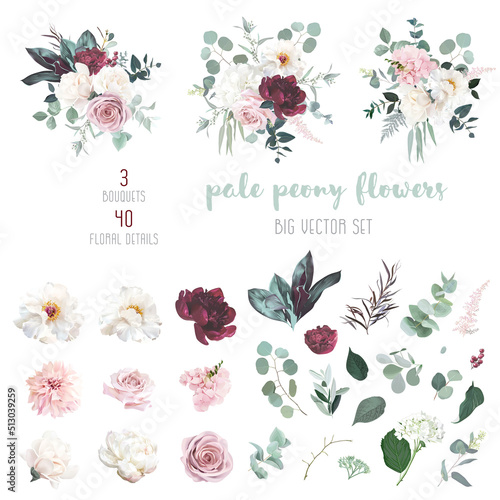Pale red peony, dusty rose, ivory white magnolia, blush dahlia, nude pink hydrangea, eucalyptus