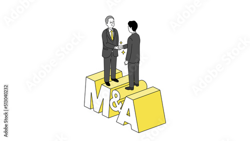 M&Aの文字の上で握手するシニア経営者のイラスト、ベクター