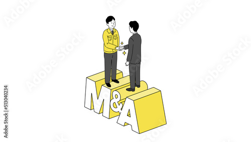 M&Aの文字の上で握手する中年経営者のイラスト、ベクター