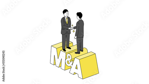 M&Aの文字の上で握手する中年経営者のイラスト、ベクター