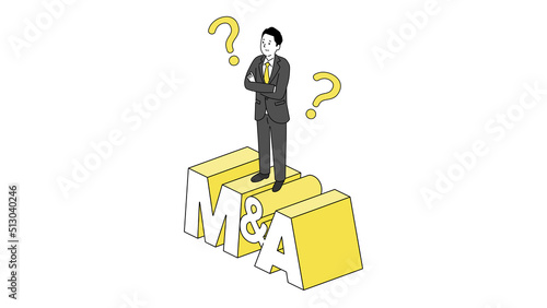 M&Aの文字の上に立つ見た目の若い中年男性のイラスト、ベクター