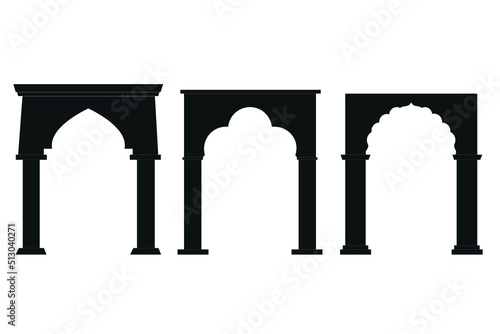 Indian set arch vector illustration and architecture of entrance palace, flat silhouette icons, simple black elemets of ancient tradition