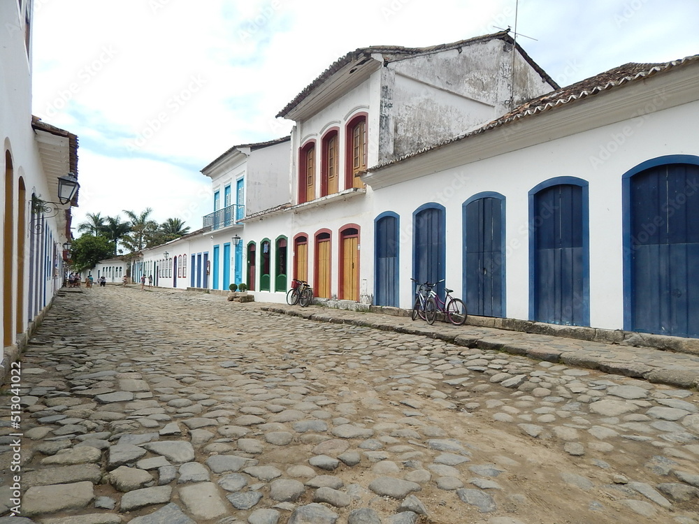 Street of historical center in Paraty, Rio de Janeiro, Brazil. Paraty is a preserved Portuguese colonial and Brazilian Imperial municipality