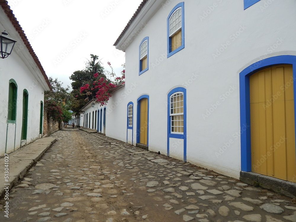 Street of historical center in Paraty, Rio de Janeiro, Brazil. Paraty is a preserved Portuguese colonial and Brazilian Imperial municipality