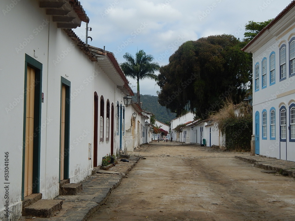 Street of historical center in Paraty, Rio de Janeiro, Brazil. Paraty is a preserved Portuguese colonial and Brazilian Imperial municipality