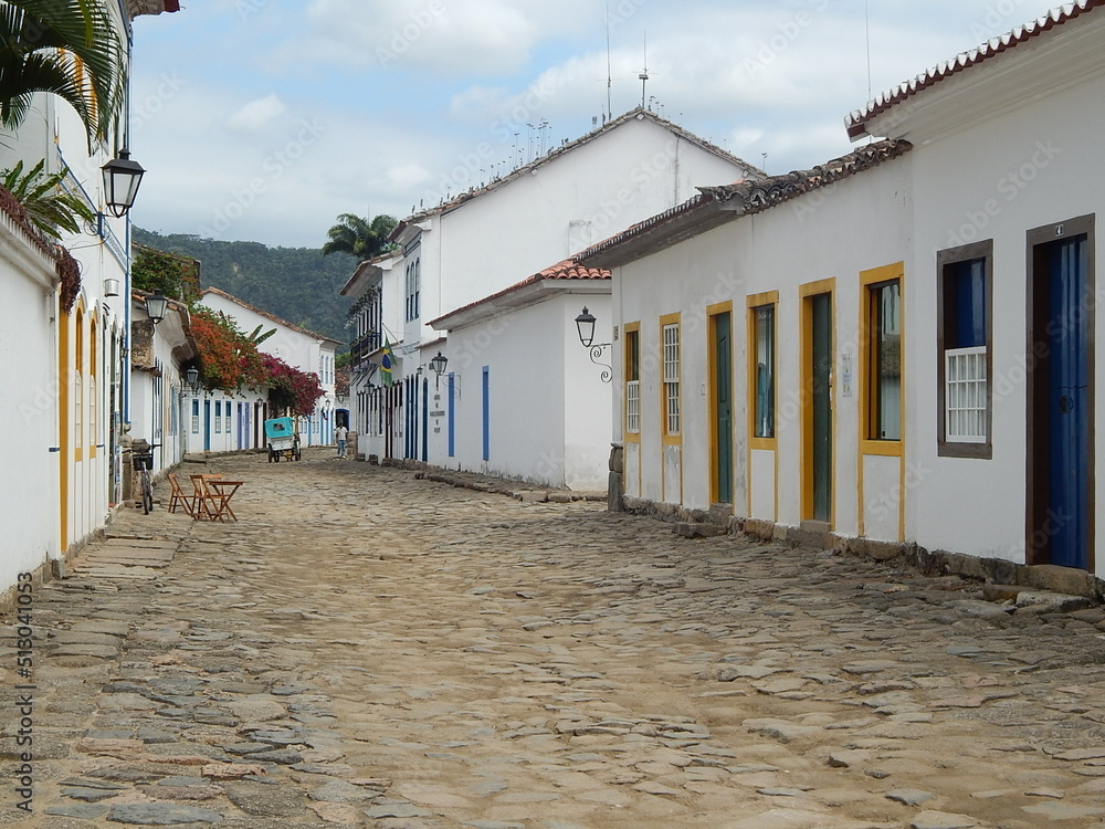Street of historical center in Paraty, Rio de Janeiro, Brazil. Paraty is a preserved Portuguese colonial and Brazilian Imperial municipality