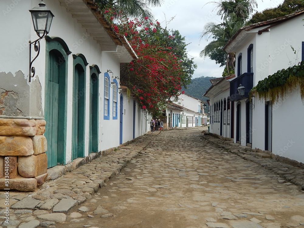 Street of historical center in Paraty, Rio de Janeiro, Brazil. Paraty is a preserved Portuguese colonial and Brazilian Imperial municipality