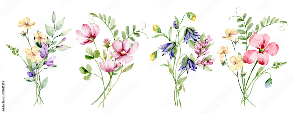 Floral set watercolor flowers hand drawing, floral vintage bouquet with wildflowers. Decoration for poster, greeting card, birthday, wedding design. Isolated on white background.