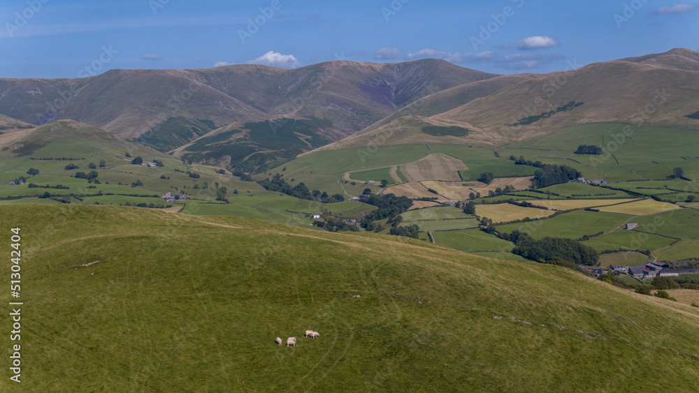 Aerial view of the Howgill Fells are uplands in Northern England between the Lake District and the Yorkshire Dales, lying roughly within a triangle formed by the towns of Sedbergh and Kirkby Stephen a
