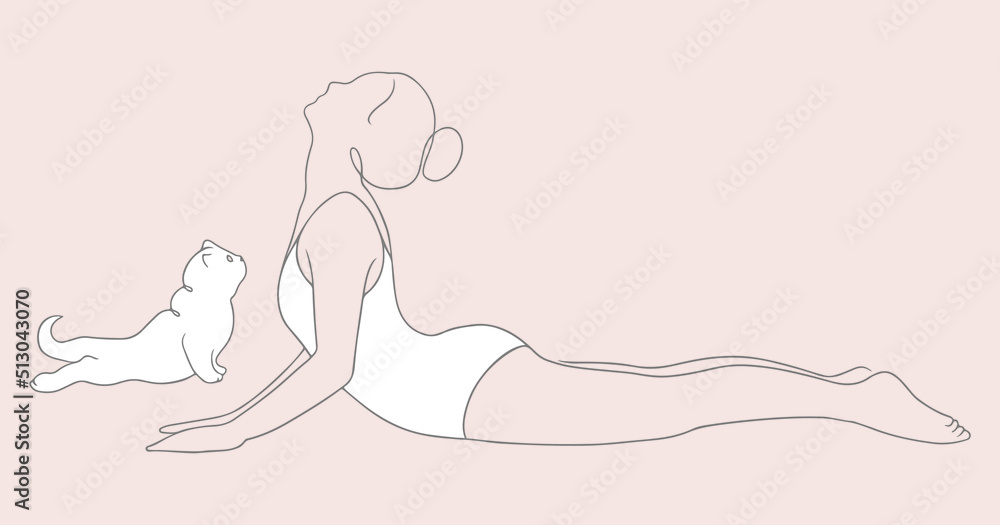 Obraz premium Line art vector illustration of a woman in yoga cobra pose with cat. Yoga with animals hand drawn sketch