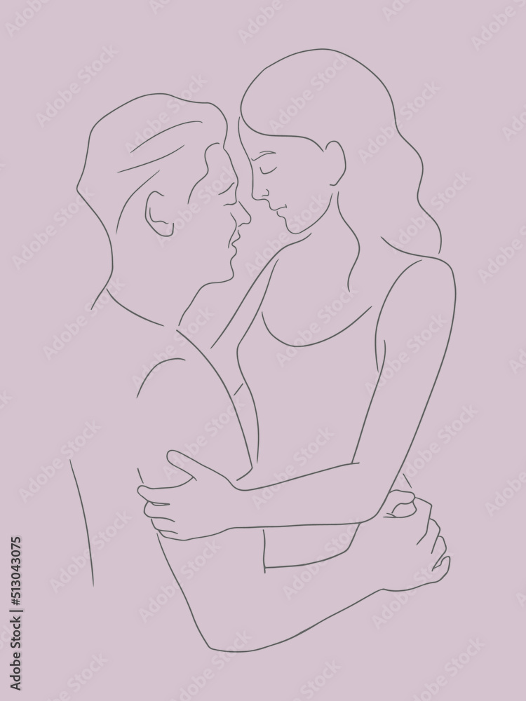 Silhouette of the hugging and smiling couple. Line art vector illustration of happy lovers embracing each other