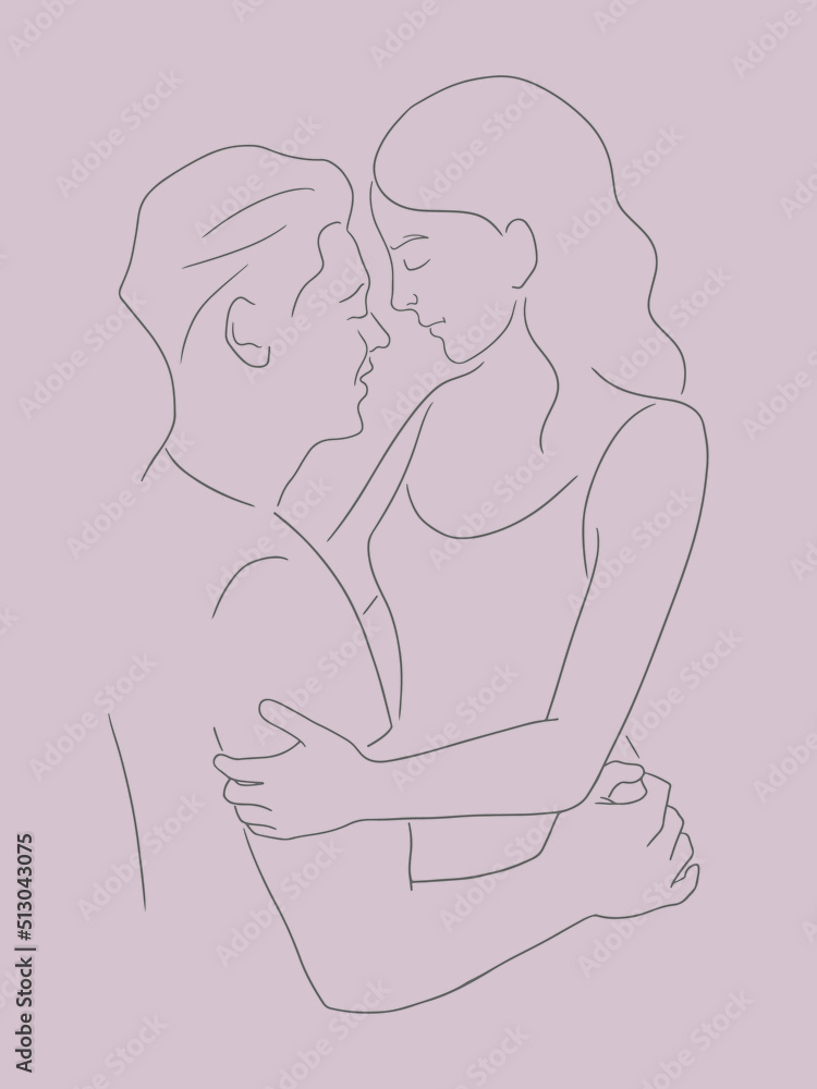 Silhouette of the hugging and smiling couple. Line art vector illustration of happy lovers embracing each other Silhouette of the hugging and smiling couple. Line art vector illustration of happy lovers embracing each other