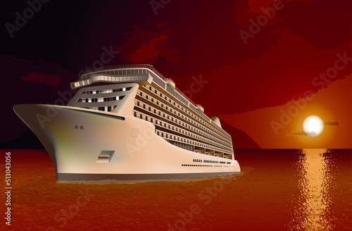 Large cruise ship for sea voyages and rich holidays on the background of a red sunset, ocean and sun vector illustration, suitable for poster, wallpaper, banner, advertising stand design