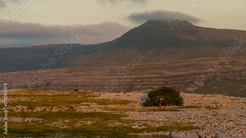 An aerial view of the limestone pavement on Great Hard Rigg Moss on The lower slopes of Wherrnside with Ingleborough in the background