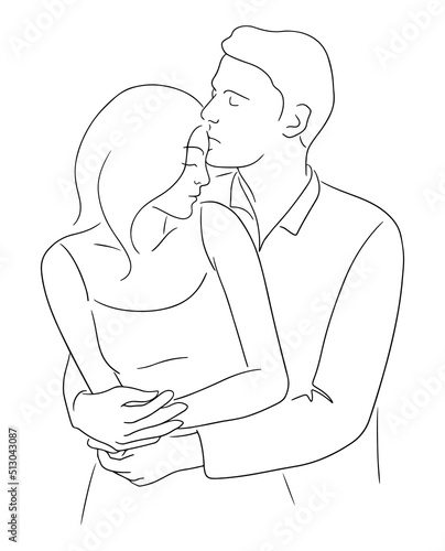 Silhouette of the hugging couple. Hand drawn contour vector illustration of happy lovers embracing each other. Vector illustration of man kissing his lover in forehead