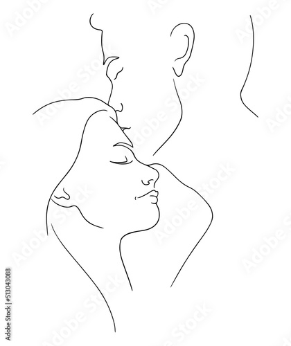 Forehead kiss. Line art silhouette of a couple in profile. Vector illustration of man kissing his lover in forehead