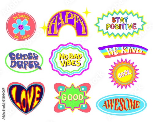 Set of trendy cool y2k hipster stickers. Cartoon label patches with lettering. Vector hipster vaporwave stickers in geometric shapes y2k style