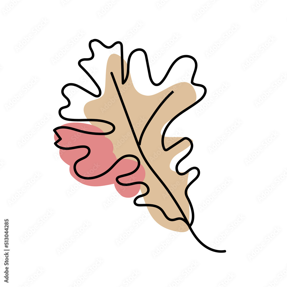Autumn bur oak leaf isolated on white background. Orange leaves in linear art with the addition of a yellow spot. Vector illustration.