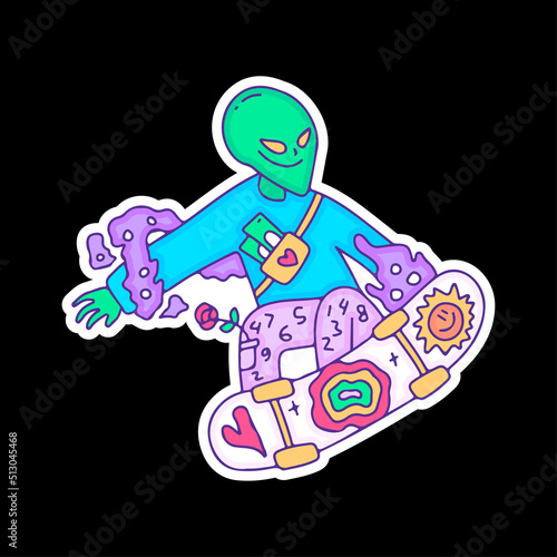 Hype alien character freestyle with skateboard, illustration for t-shirt, sticker, or apparel merchandise. With modern pop art doodle.