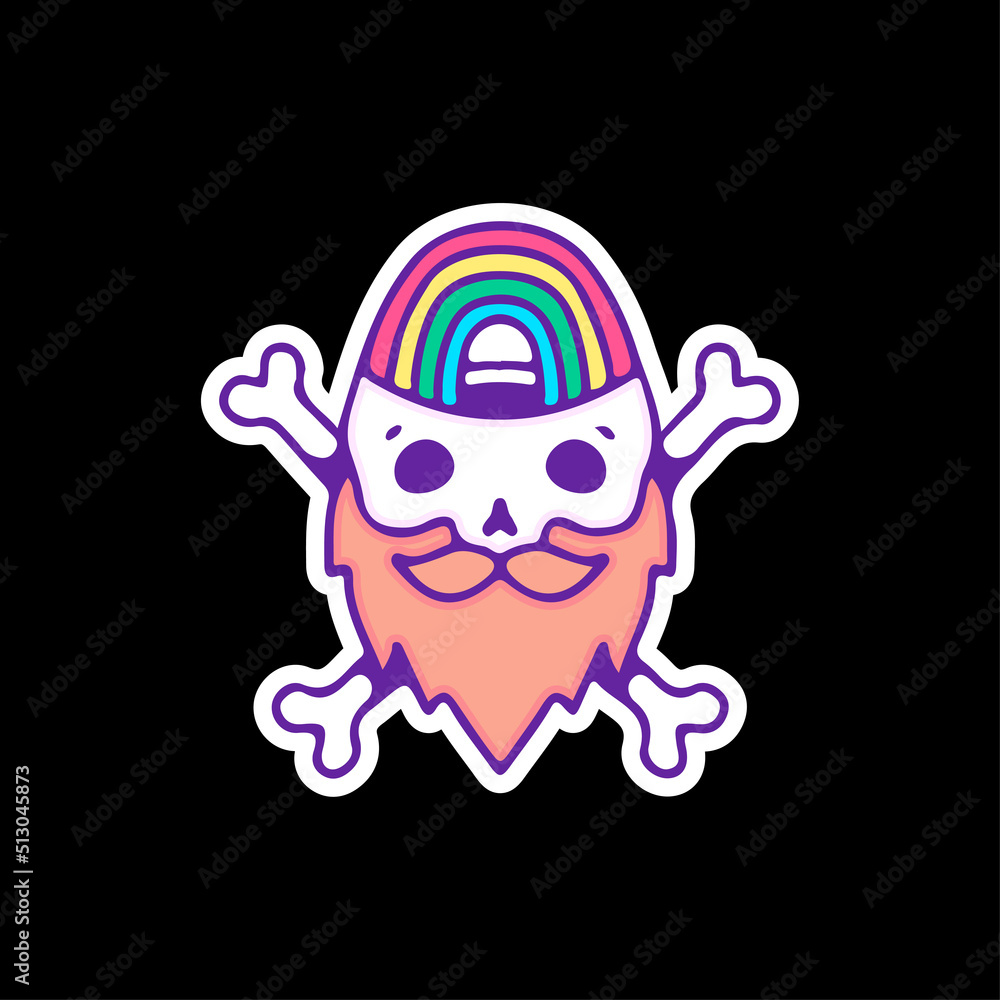Bearded skull with rainbow and crossed bone, illustration for t-shirt, sticker, or apparel merchandise. With doodle, retro, and cartoon style.
