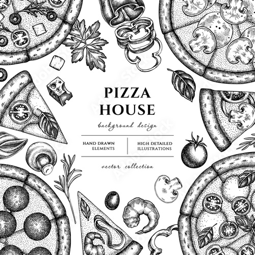 Pizza hand drawn illustration design. Background with sketch greek, margherita, pepperoni, veggie, ham and mushrooms and seafood pizzas.