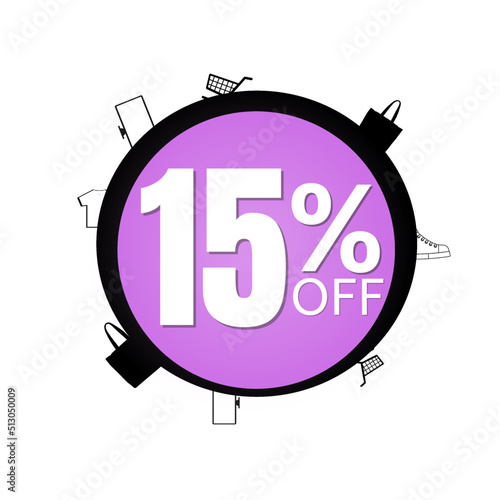 15% off, percent offer, design banner purple mega discount, vector illustration, super sale and icons market 