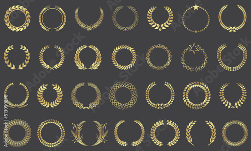 Set of golden vector laurel wreaths on black background. Vector illustration