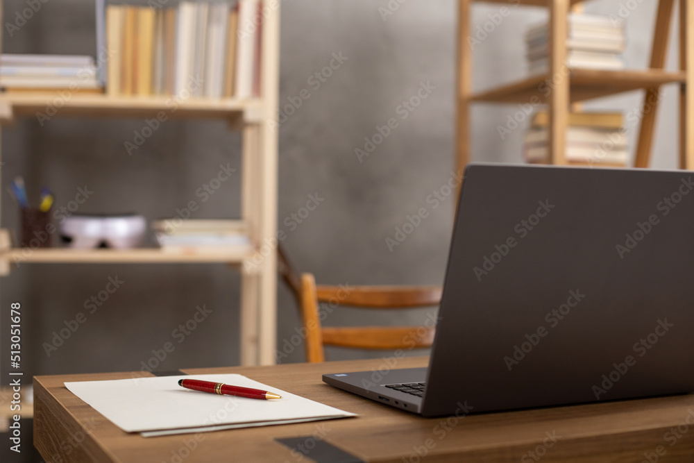 Computer laptop and on desk table. Study workplace and creative supplies Computer laptop and on desk table. Study workplace and creative supplies