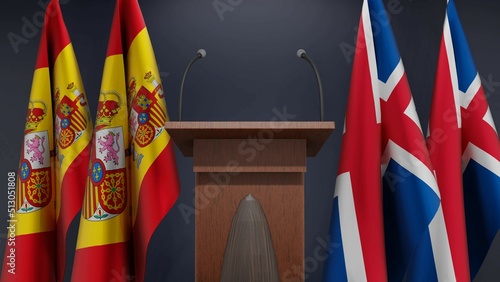 Fototapeta Naklejka Na Ścianę i Meble -  Flags of Spain and Iceland at international meeting or negotiations press conference. Podium speaker tribune with flags and coat arms. 3d rendering
