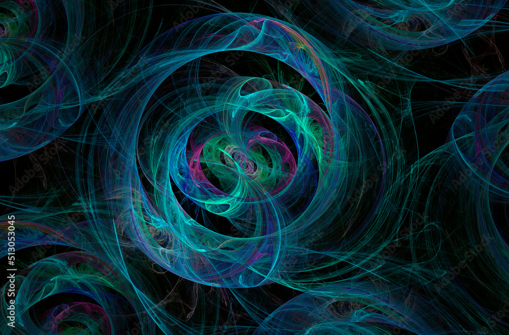 Abstract background neon blue waves and curls on a dark background. Fractal pattern for creativity and design.